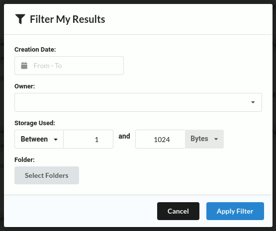 Filter dialog for small folders in Google Drive