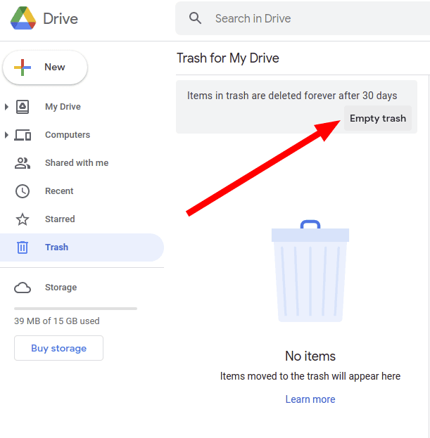 Empty trash button in Google Drive