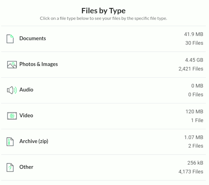 Screenshot of the File Type and Storage Usage of Google Drive Files