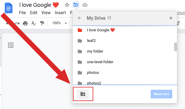 Screenshot of the New Folder Icon for Google Docs