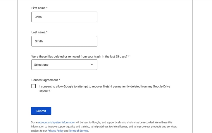 Google Drive File Recovery form
