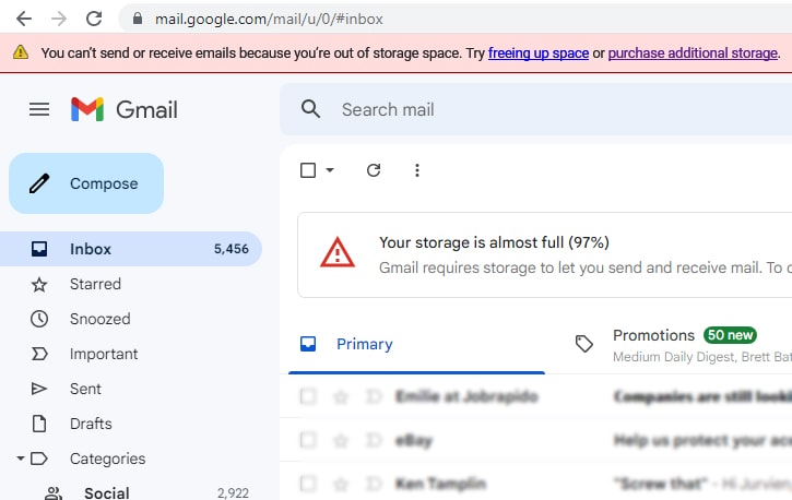 Gmail Storage Almost Full