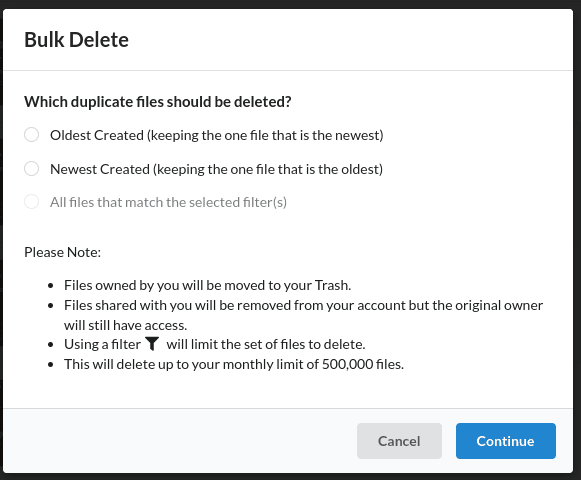 Bulk delete your Google Drive duplicate files dialog
