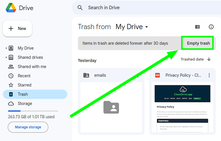 Empty your Google Drive trash button
