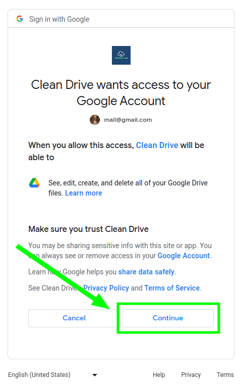Grant permission for Clean Drive to access your Google Drive files.