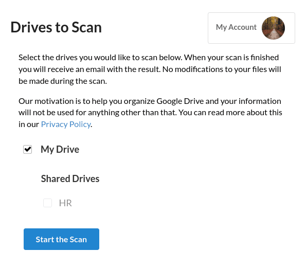 Select what what files to scan in Google Drive.