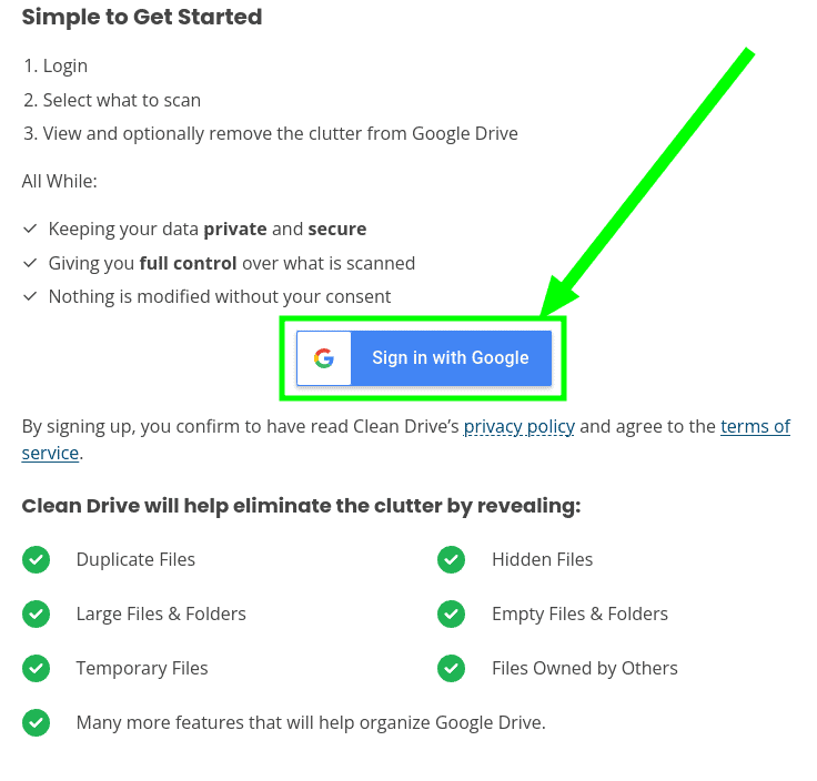 What to expect when you sign into Clean Drive with your Google Drive account.
